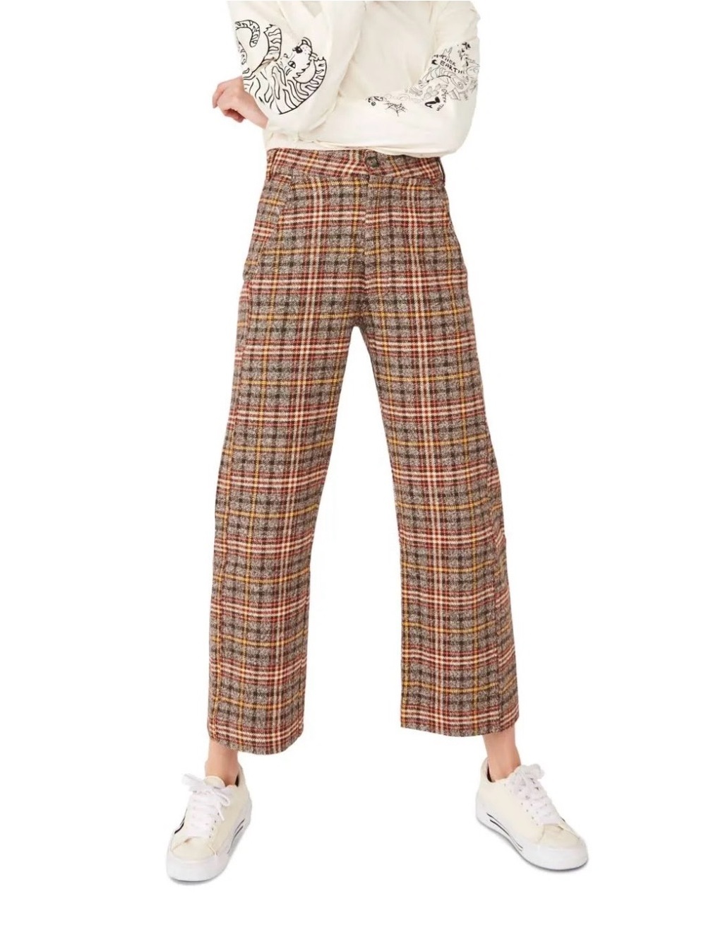 Free People Plaid Wide Leg Pants in Brown and Orange Tones